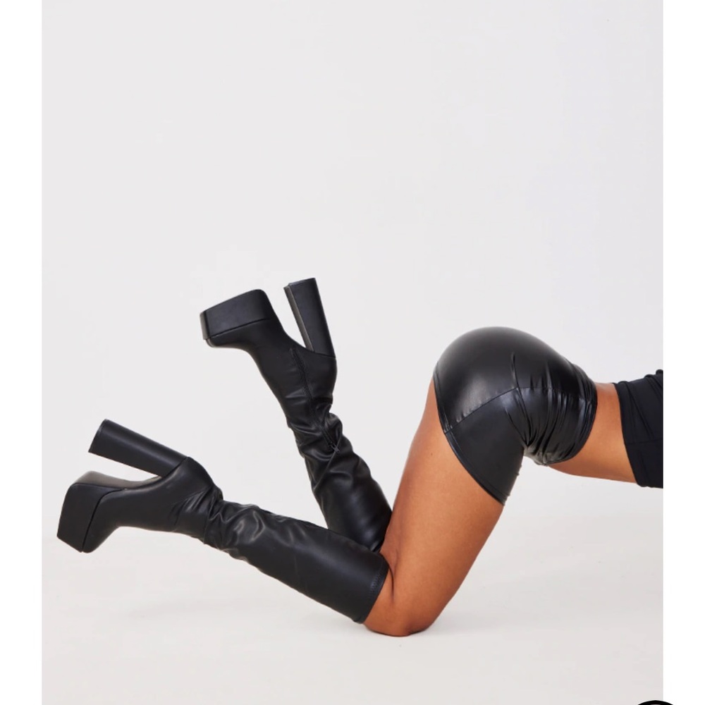 Black Matte Pu Square Toe Platform High Platform Knee Boots